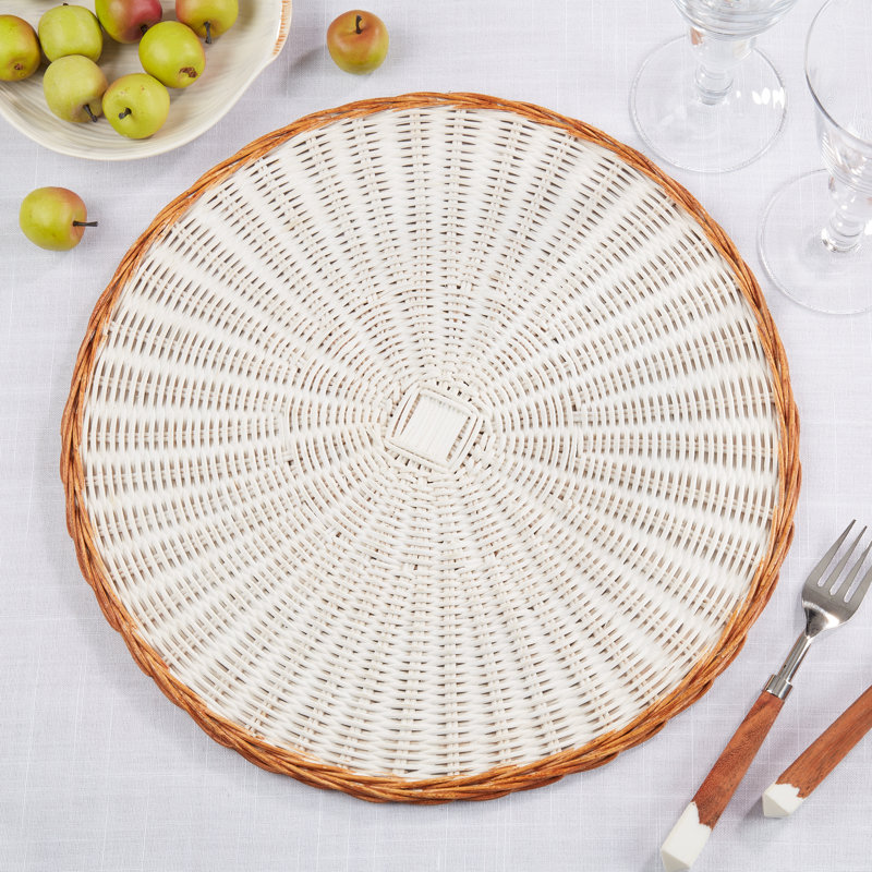 Two-Tone White and Natural Rattan Round Placemats, Set of 4