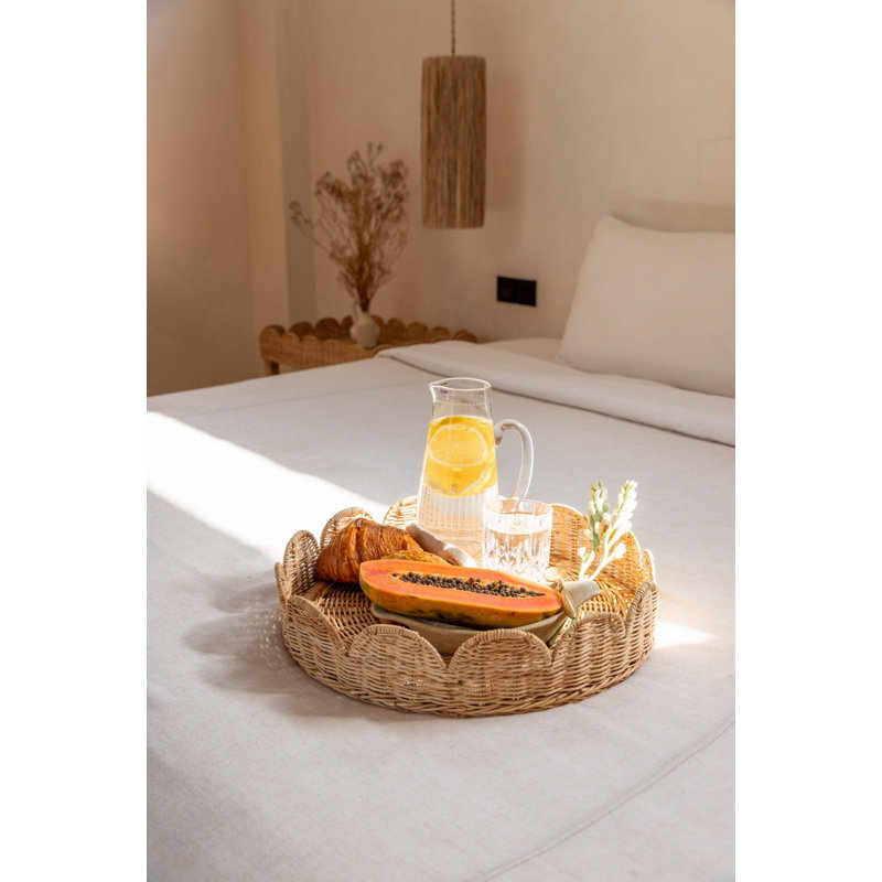 Plateau de service rond festonné en rotin tissé à la main - repose-pieds et table basse en osier décoratif