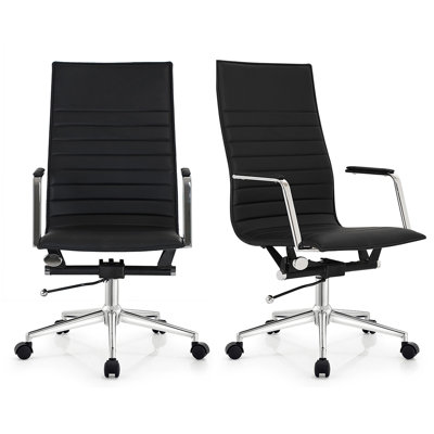 Set of 2 Modern High Back Office Desk Chair | Upholstered Ribbed PU Leather with Metal Frame | Computer Armchair for Home, Executive, Conference, Meetings