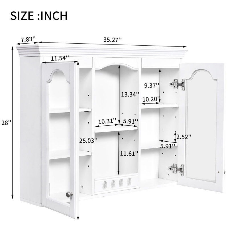 Armoire de salle de bain murale, 2 portes, peu encombrante, finition blanche, tablettes intérieures réglables, blanc, tablette pour fournitures