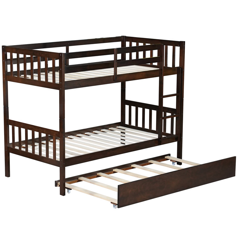 Lit superposé simple au-dessus de simple en bois massif avec lit gigogne et échelle, convertible en lit simple, Espresso