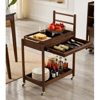 Two Tier Oak Rolling Utility Cart With Pull Out Drawer