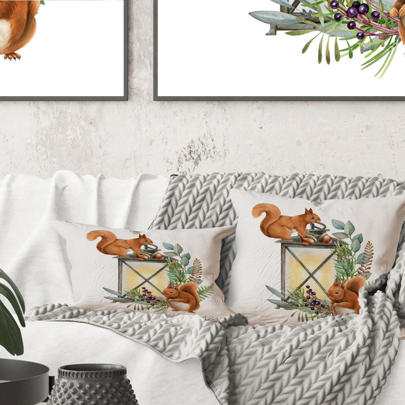 Lampe rétro avec deux écureuils - coussin décoratif vintage imprimé