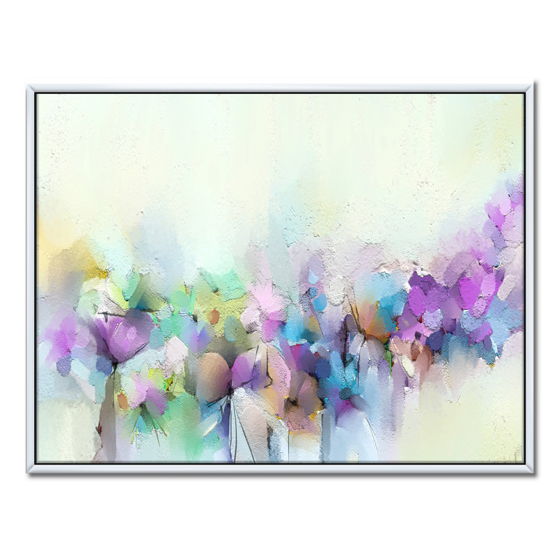 Fleurs printanières jaunes et mauves - reproduction d'art sur toile, Toile avec cadre blanc, H 36 po x l 46 po x P 1,5 po