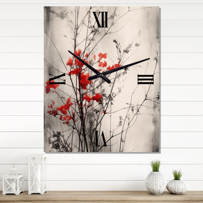 Red Grey Herb Garden II - Floral Wall Clock