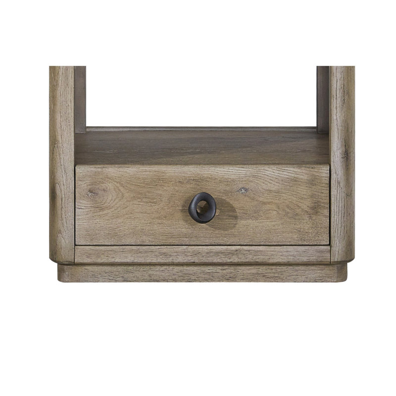 Table d'appoint en placage de chêne anglais noueux, un tiroir à fermeture automatique avec glissières en douceur, étagère ouverte pour le rangement, 60,4 cm de large, profondeur 60,3 cm, hauteur 60,3 cm et rangement fonctionnel.