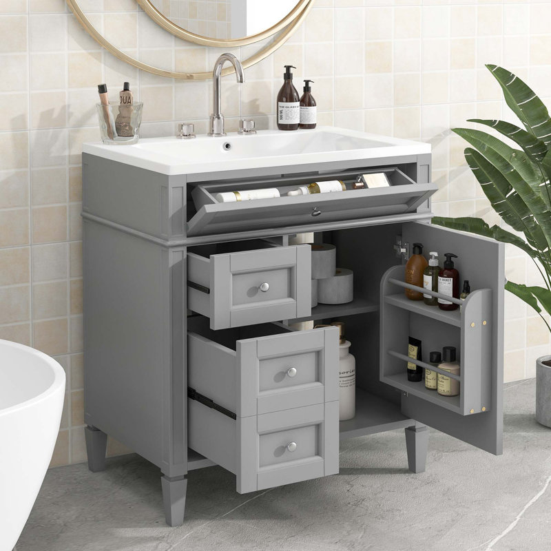 Meuble-lavabo moderne avec lavabo supérieur, 2 tiroirs et un tiroir basculant