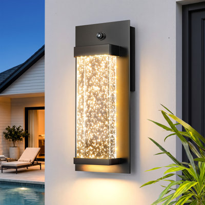Modern Black Outdoor Wall Sconce with Bubble Crystal Acrylic Shade, Integrated LED Dusk to Dawn Exterior Wall Light Dimmable for Porch Patio Garage