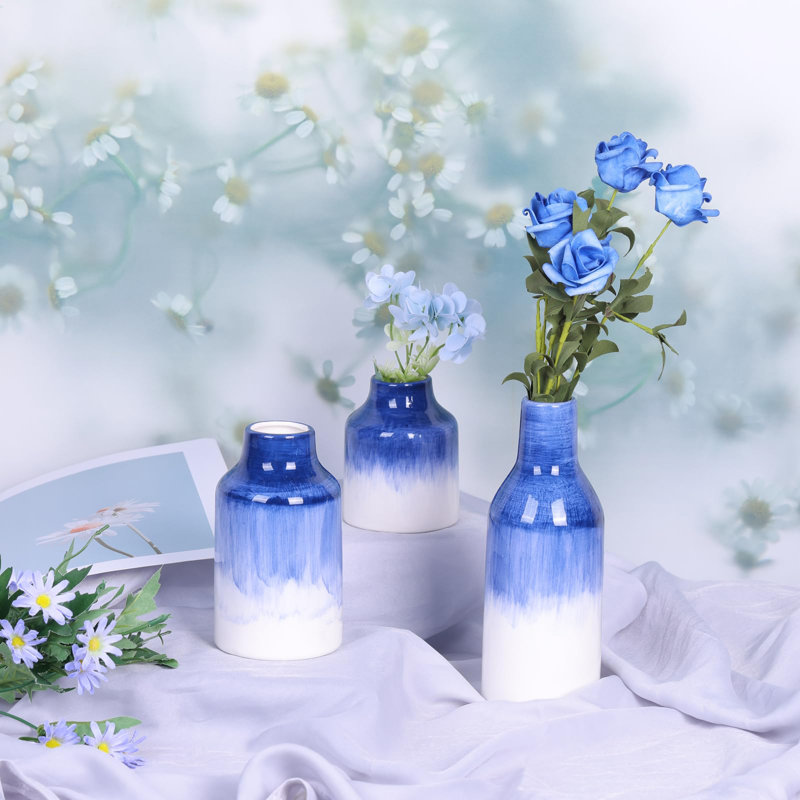 Ensemble de 3 vases bleus et blancs en céramique