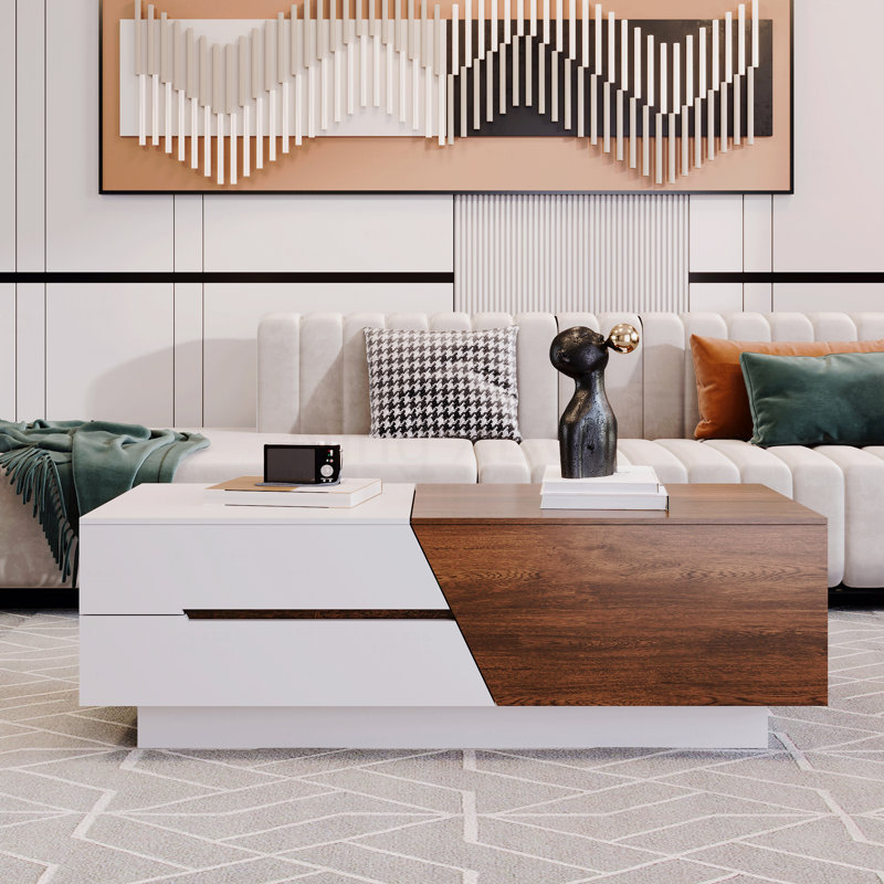 Avec table basse avec rangement et plateau coulissant moderne en noyer blanc et noyer