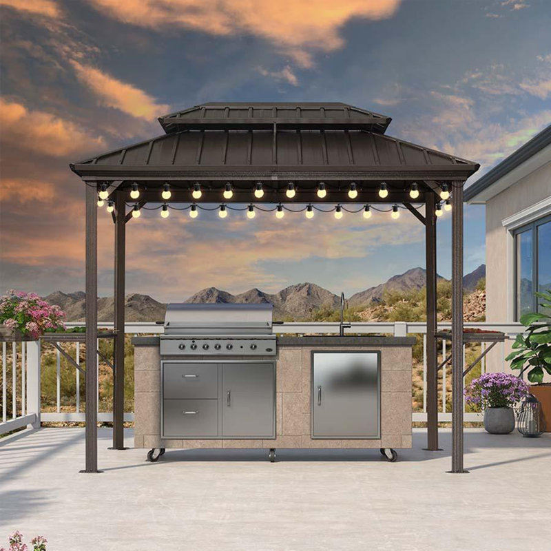 Aluminum Hardtop Grill Gazebo with Lighted, 6' x 9', Brown