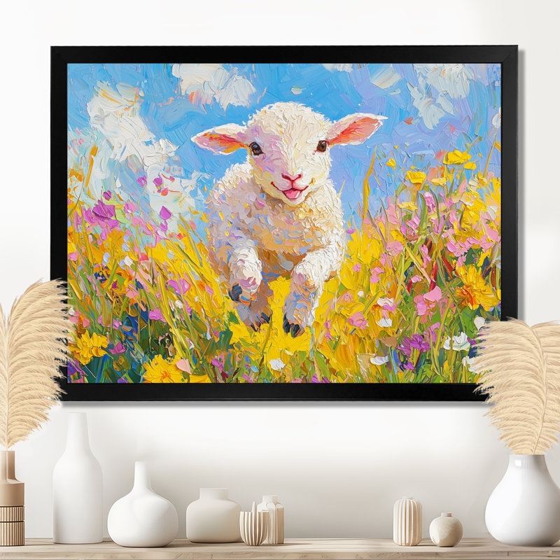 Durke, mignon agneau printanier s'amusant à la grange - mouton, art mural, H 24 po x l 32 po, Avec cadre, Noir