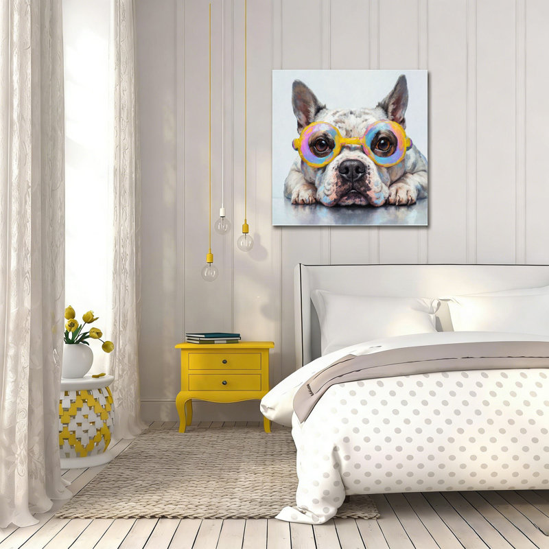 Bulldog avec lunettes colorées, art mural sans cadre, 16 x 16