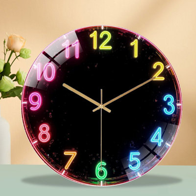 Neon Colorful LED Wall Clock Decorative Home Art - 12'' Modern Glass Wall Clock