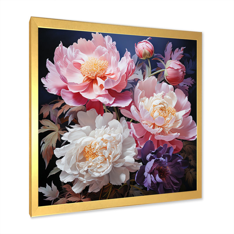 Art asiatique pivoines en rose II - impression, H 16 po x l 16 po x P 1 po, Cadre doré à une seule photo