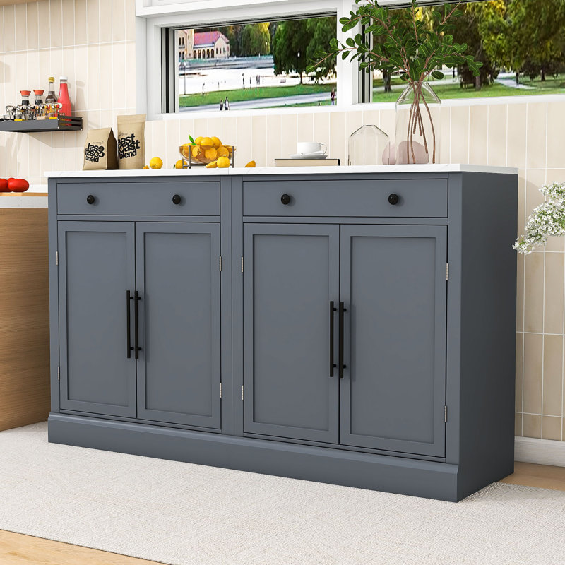 Set of 2 Freestanding Storage Cabinet with Drawer, Adjustable Shelves and Faux Marble Top, Gray