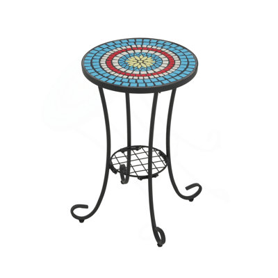 Patio Side Table With Shelf,Blue+Black