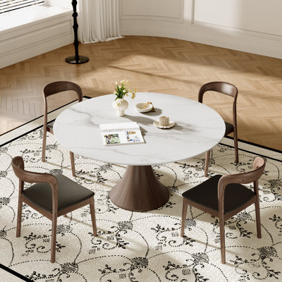 Stone Round Dining Table Set With 4/6 Premium Solid Wood Leather Dining Chairs