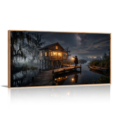 Cabane en bois sur pilotis avec lanterne au-dessus de l'eau - Toile murale d'Halloween