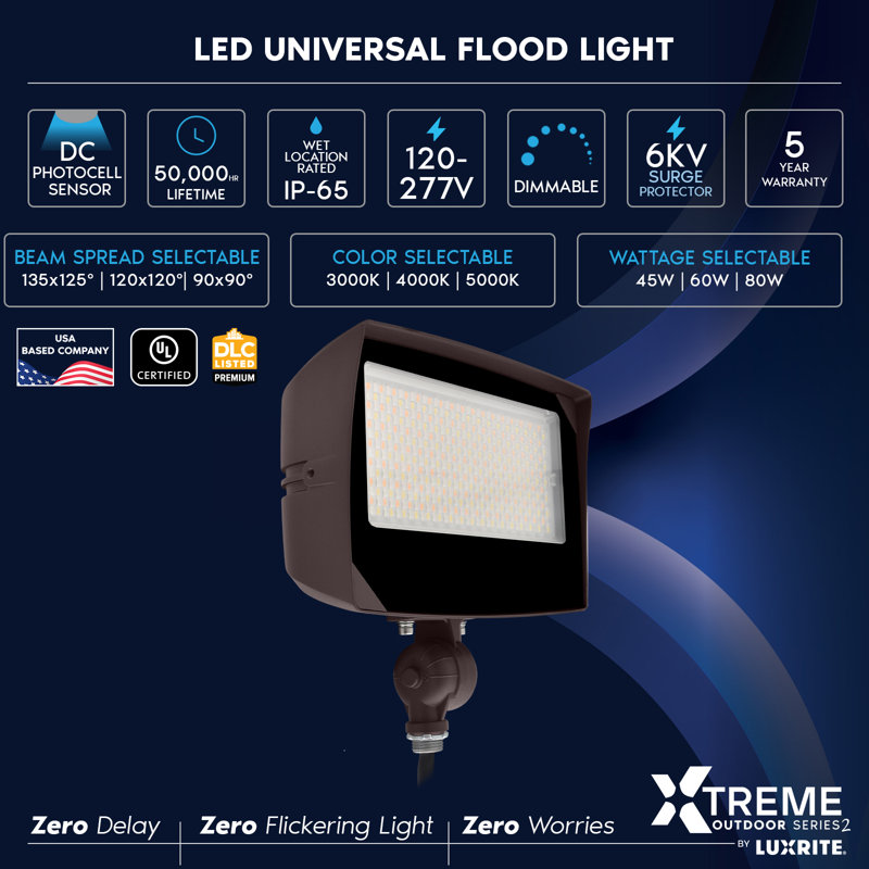 Projecteur à DEL LUXRITE, 45/60 / 80W, 3CCT, jusqu'à 12 000LM, articulation à crépuscule à l'aube et support pour tourillon à intensité variable 0-10V IP65 120-277V