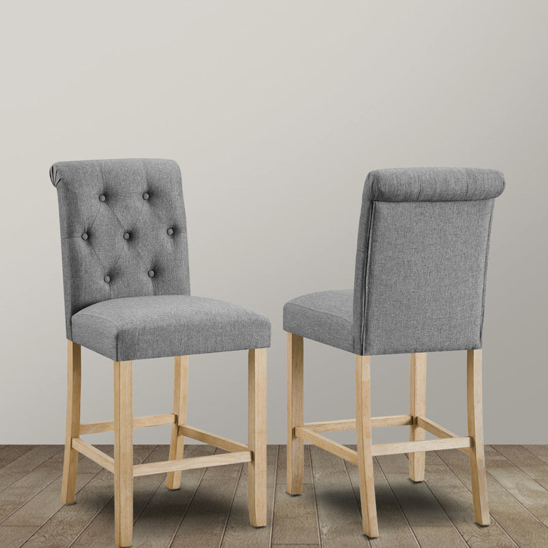 De 2 tabourets à hauteur de comptoir, dossier gris, bois massif, siège confortable pour la cuisine, 2 tabourets à dossier à boutons et bois rembourré confortable pour la salle à manger