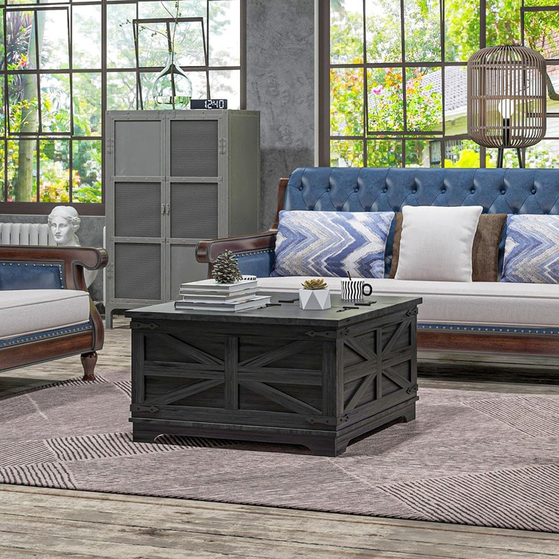 Table basse de style campagnard avec rangement, table centrale avec plateau relevable à charnières et espace caché, table basse carrée pour le salon, noir vieilli