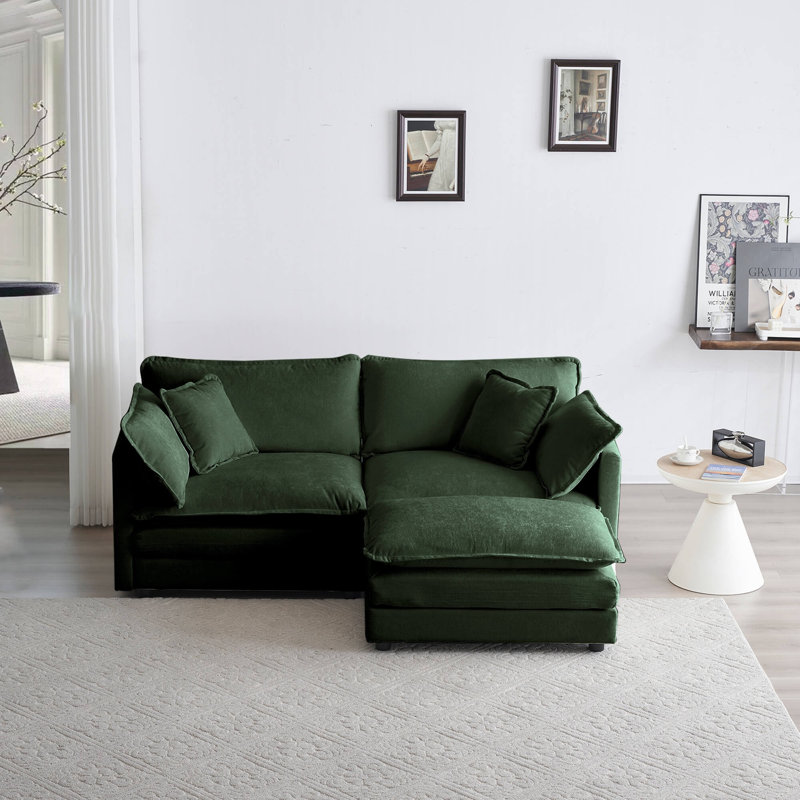 Canapé modulaire en L avec repose-pieds 2 places Chenille - Causeuse modulaire pour petits espaces de vie, chenille verte