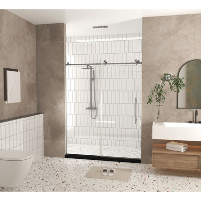 Frameless Shower Door 56-60 "W X 76" H, 1/4 "(6 Mm) Clear Tempered Glass, Explosion Proof Film, Stainless Steel Handle,Brushed Nickel