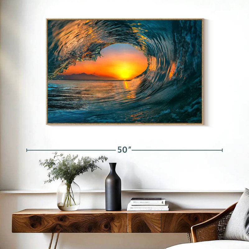 Ocean Wave Curl, Cadre flottant en bois naturel, 40 po x 27 po