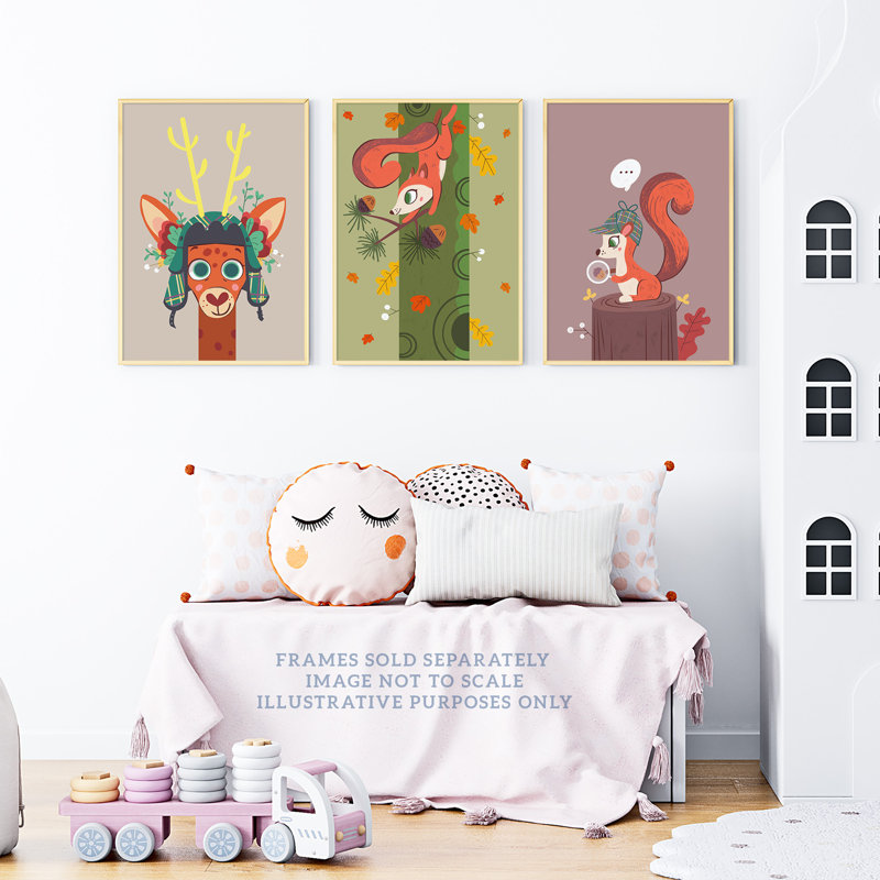 Kids Bedroom Nursery Cute Woodland Creatures Squirrel Deer Pastel Colour - 3 Piece No Frame Print Set