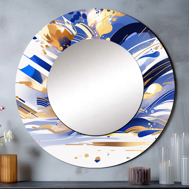 Bleu blanc cubiste kaléidoscope I - miroir unique cubique, grand miroir mural rond bleu, impression d'art en métal