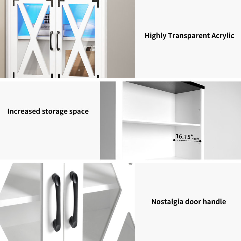 White Adjustable 5-Tier Bookcase with Doors and LED Light