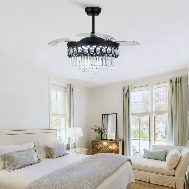 48" Dimmable Crystal Ceiling Fan With Led Lights And Remote Control, Black with Black
