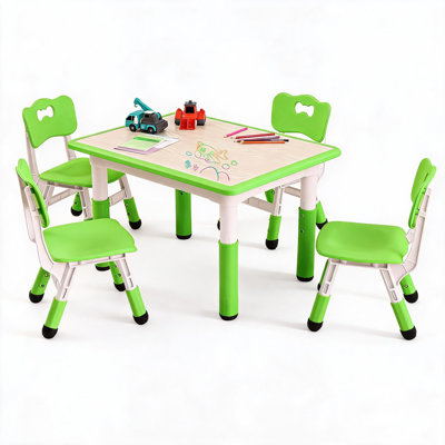 Table et 4 chaises réglables en hauteur pour enfants de 2 à 10 ans - Table d'activités/d'étude de bureau motif graffiti - Plastique facile à nettoyer - Pieds antidérapants - Couleur : Vert