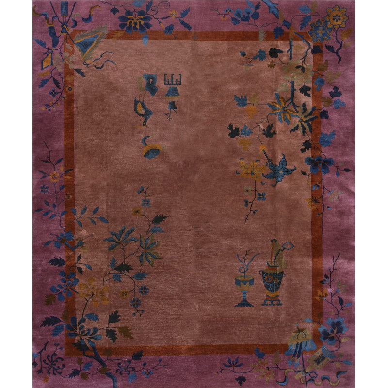 Floral Rectangle Antique Hand Knotted Pile Wool 1920s Purple / Lavender Mauve Rug