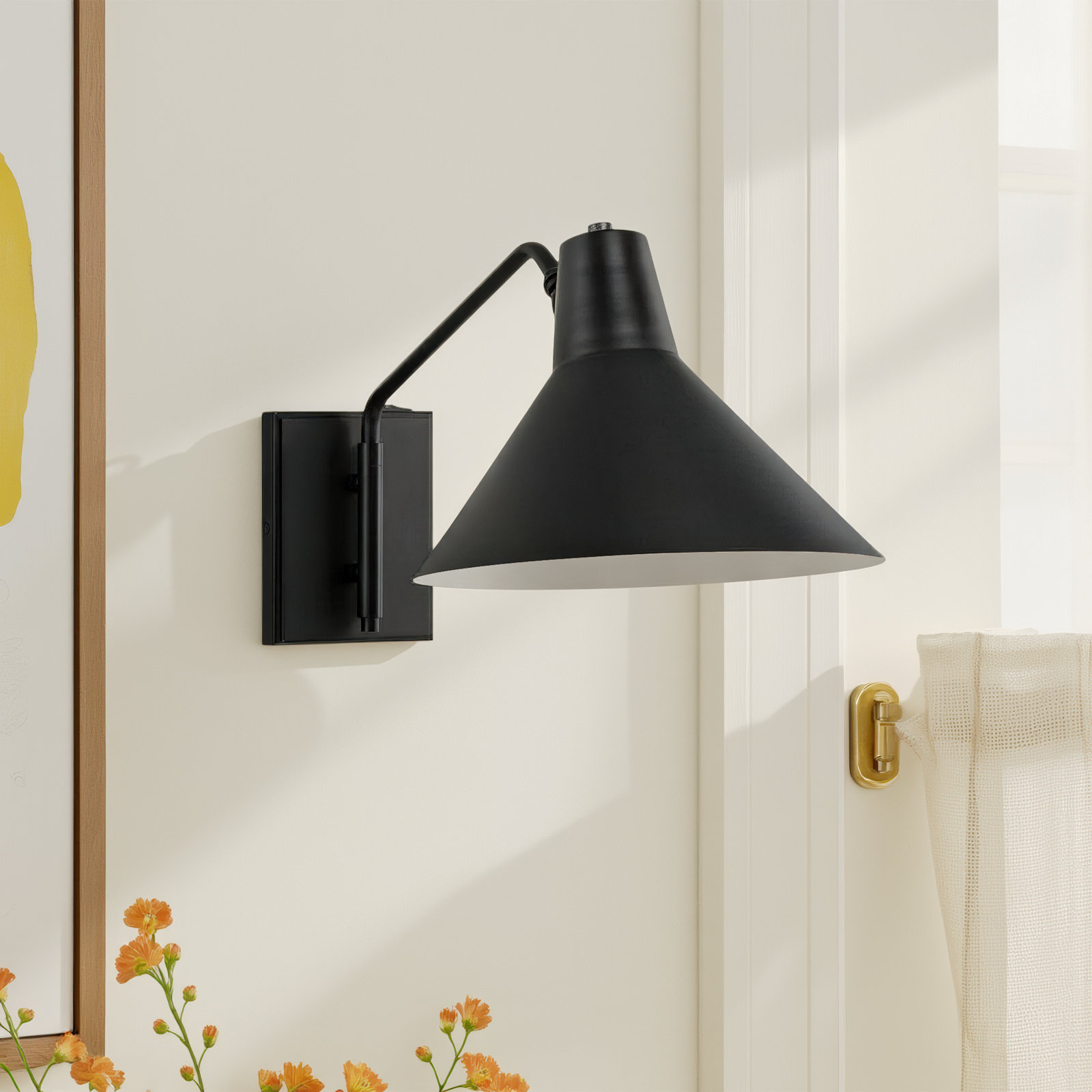 Single Light Armed Sconce, Matte Black