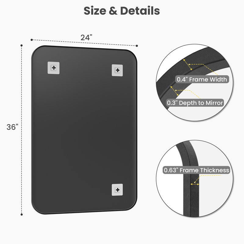 Metal Framed Tempered Glass Bathroom Wall Mirror, Matte Black, 36" x 24", Rounded Corner