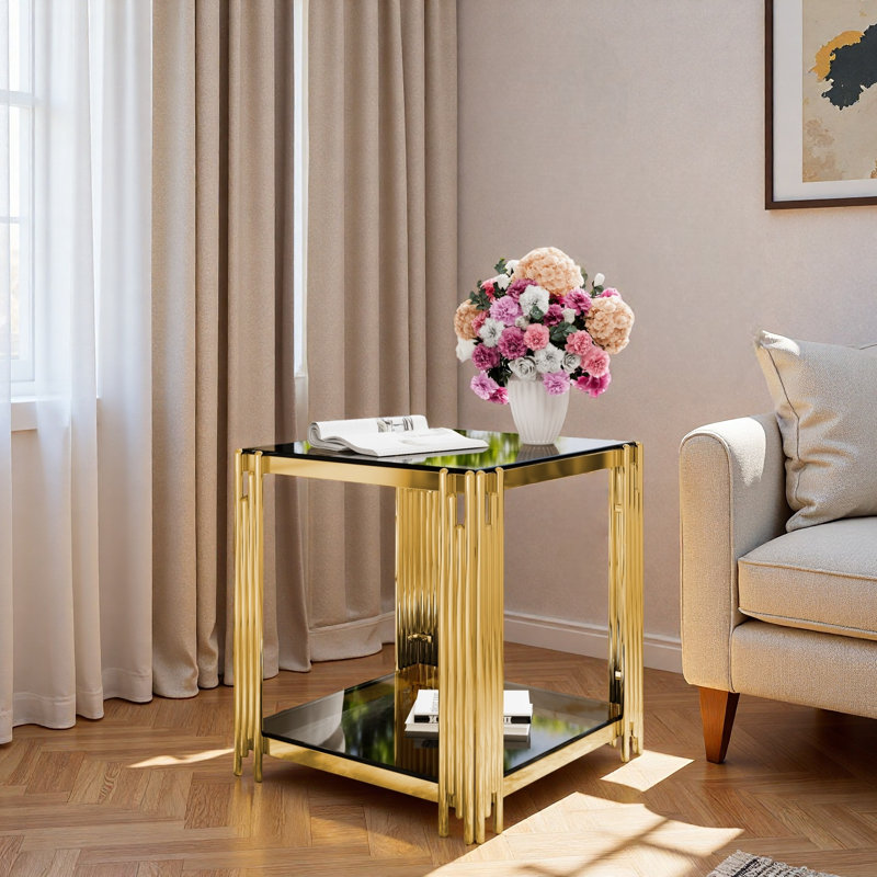 Table de bout moderne carrée avec plateau en verre trempé, tablette inférieure et structure asymétrique en métal, Noir