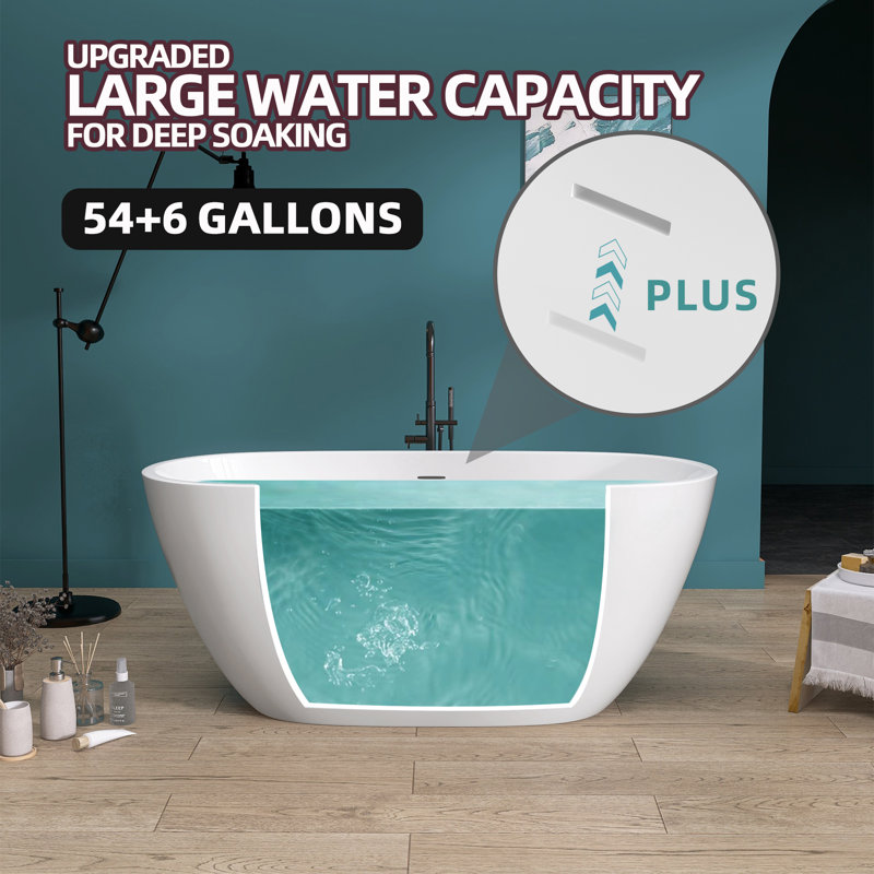 55" Freestanding Soaking Acrylic Bathtub Contemporary Free Standing Bath Tub Modern Stand Alone Tub, Matte White