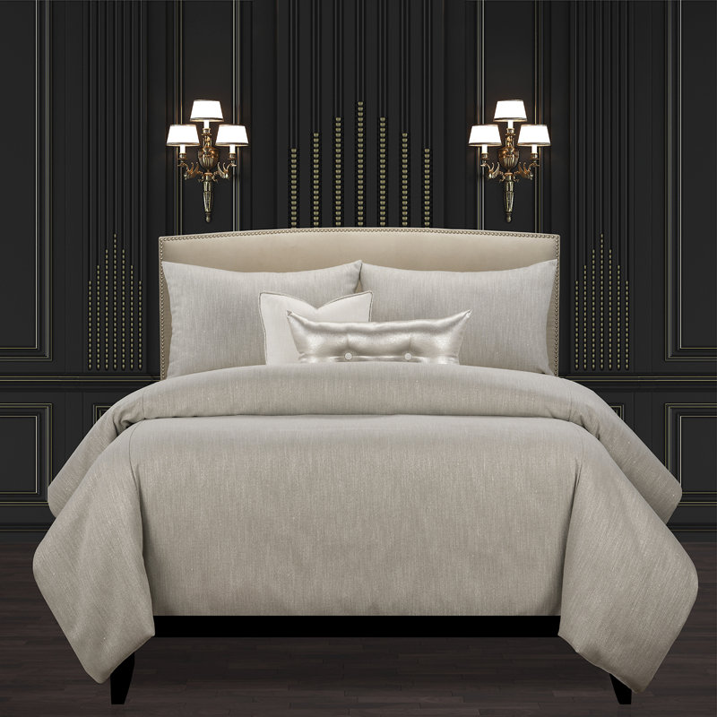 Lumiere Shimmer Luxury Duvet Cover & Insert Set, Twin Duvet Cover + 2 Throw Pillows + 1 Sham, Truffle