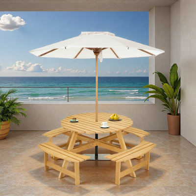 Table de pique-nique d'extérieur pour 8 personnes avec 4 bancs intégrés et trou pour parasol