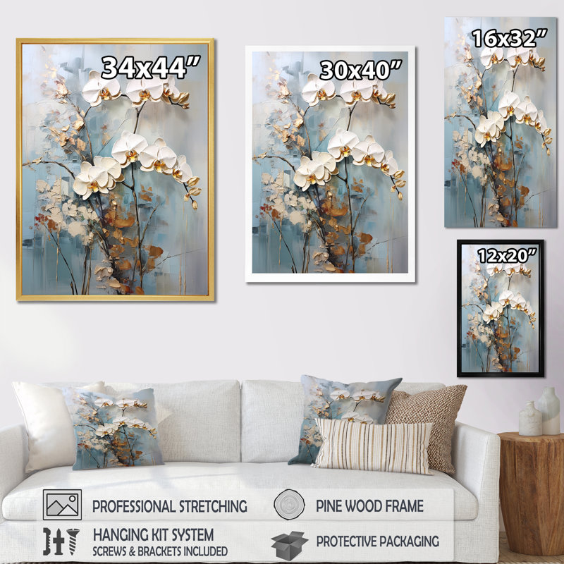 Orchidée beige et or sur toile, Cadre simple argenté, H 32 po x l 24 po x P 1 po