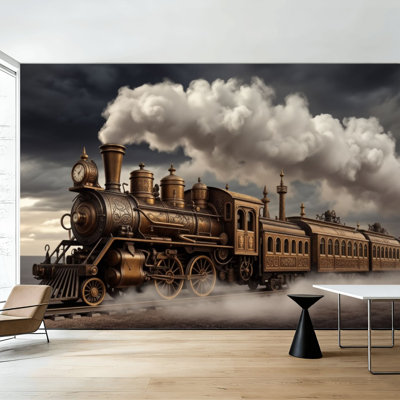 Papier peint à peler et coller Train rétro industriel rétro Locomotive à moteur en laiton Pipes murales H 100 po x l 144 po Papier mural amovible en PVC auto-adhésif pour le salon de la chambre Bureau à domicile