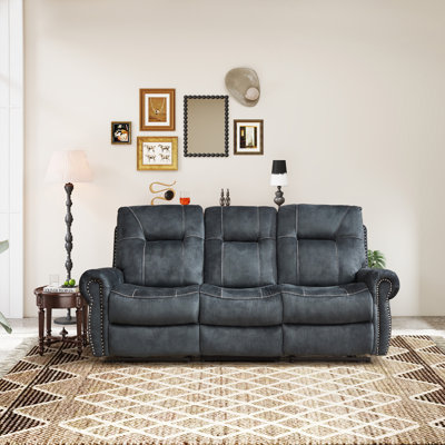 85.43'' Wide Classic Microfiber Manual Reclining Sofa With Dual Side Pull Levers & Nailhead Trim