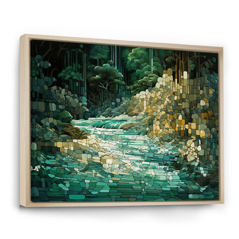 Abstrait forêt émeraude sauvage, rivière I, H 24 po x l 32 po, Cadre flottant brun