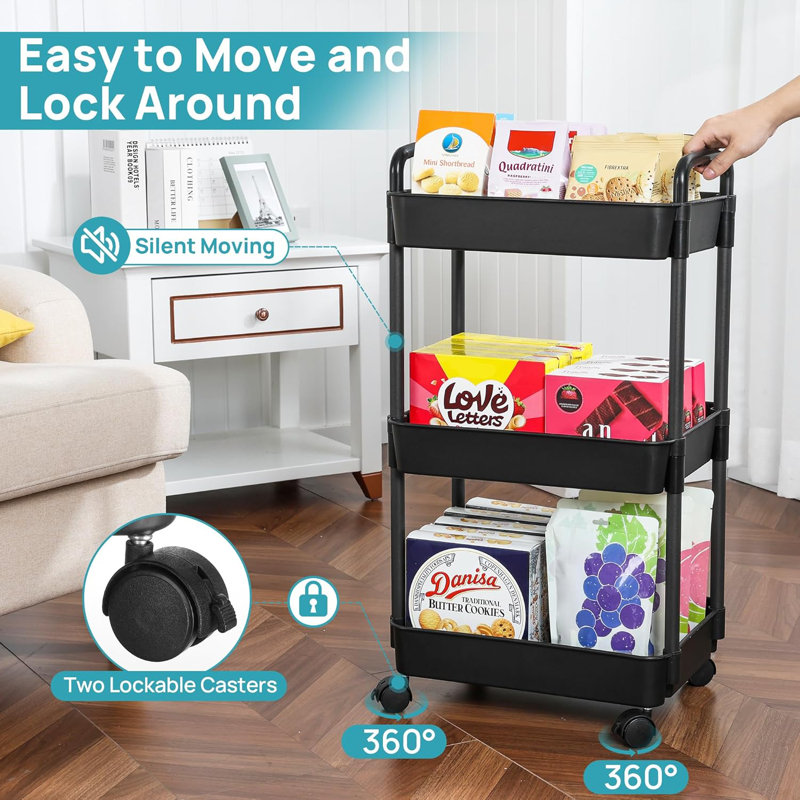 Chariot utilitaire roulant à 3 niveaux avec roues verrouillables et paniers de rangement amovibles, organisateur mobile polyvalent pour la cuisine, la salle de bain, le bureau, facile à assembler, aucun outil nécessaire