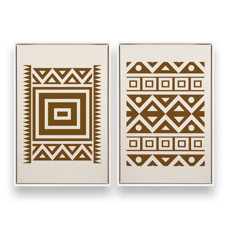 Ensemble de 2 motifs tribaux modernes en brun Moderen, Cadre flottant blanc opaque, H 19 po x l 26 po