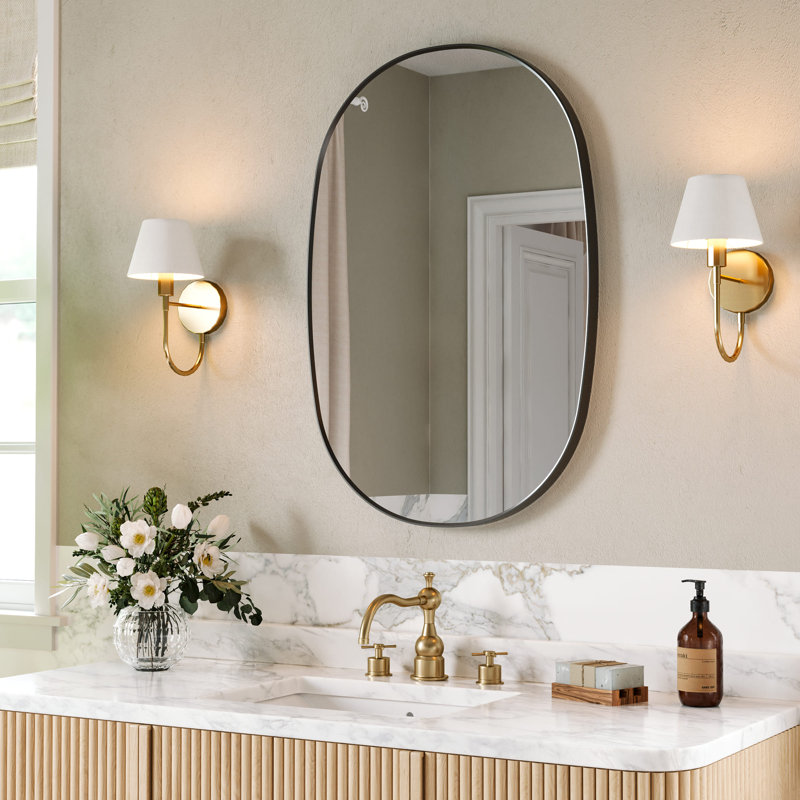 Miroir de salle de bain 24 po x 36 po avec cadre ovale et miroir mural en aluminium pour salle de bain, Noir mat