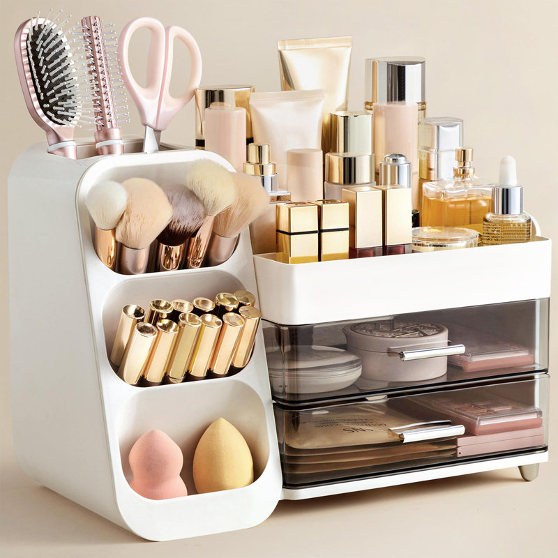 Organisateur de maquillage avec porte-brosse pour meuble-lavabo, grand rangement en plastique pour comptoir de salle de bain