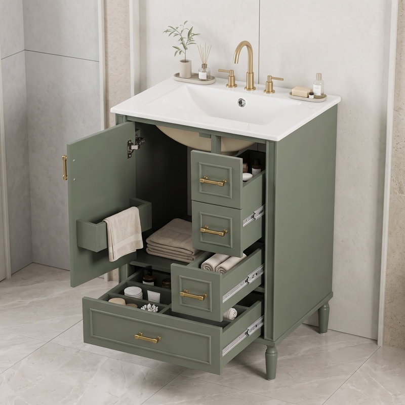 Meuble-lavabo en bois 24 po avec lavabo, poignées, tiroirs et porte 24 po , Vert olive